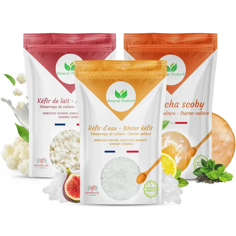 Kit complet avec grains de kéfir d'eau, grains de kéfir de lait et SCOBY de kombucha