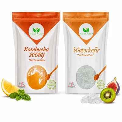 Set met waterkefir kristallen en een kombucha SCOBY